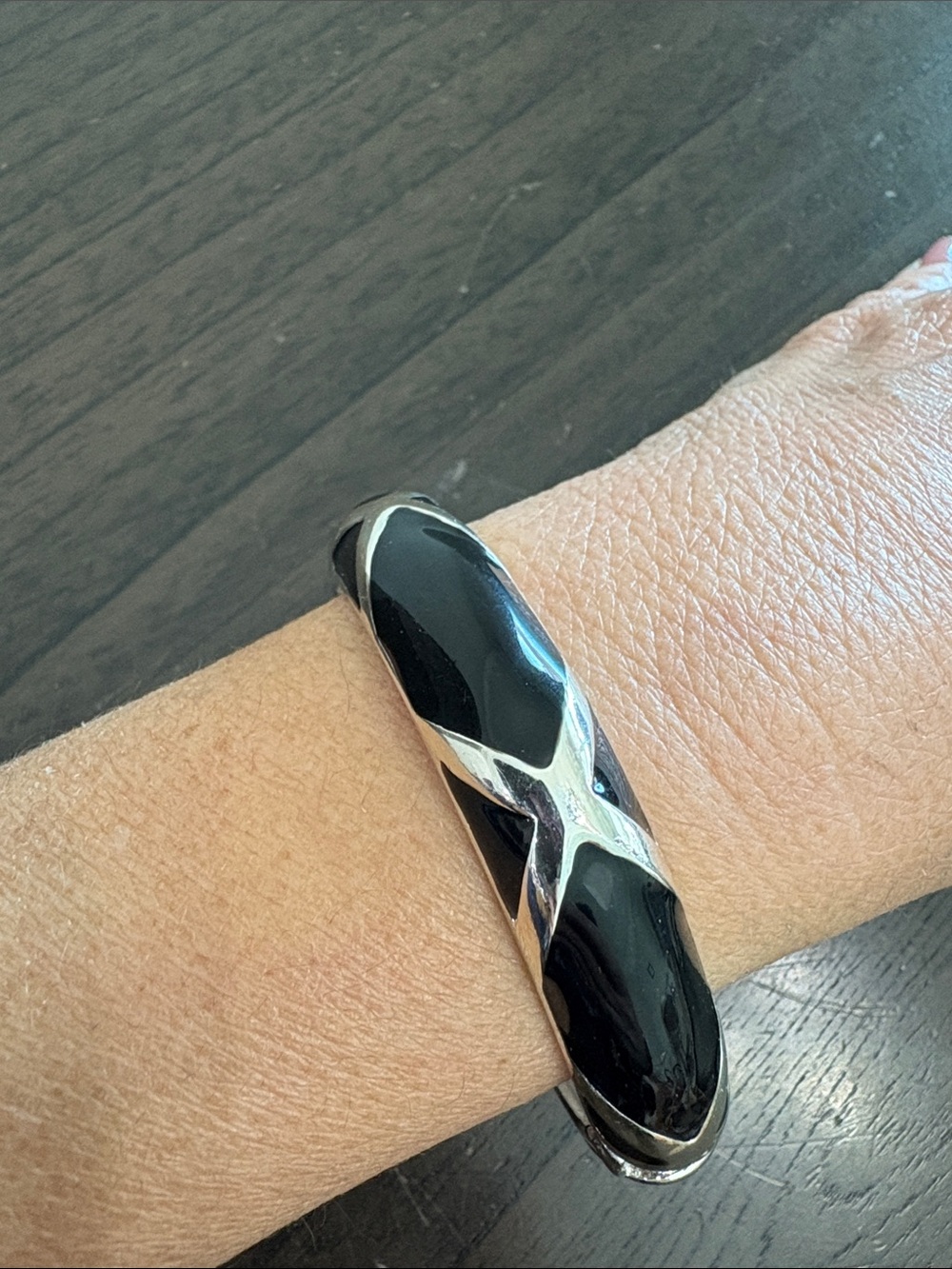 Black Enamel Silver-Tone Men's Bangle Bracelet